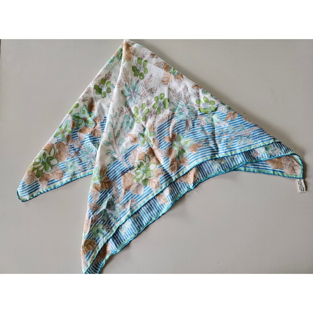 Vintage Vera Neumann Silk Scarf Floral Stripe Hand Rolled Green Blue 21 Inch